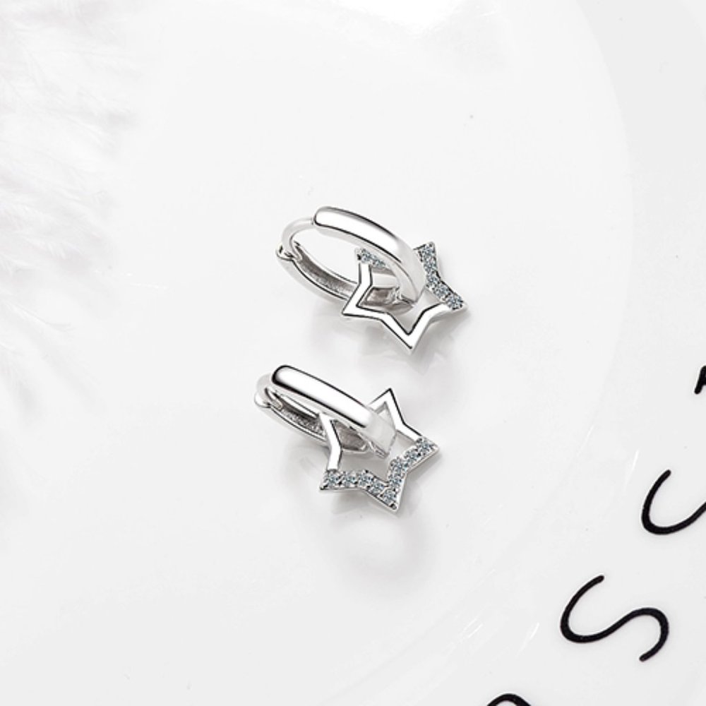 NEW Silver Simple Zircon Hollow Star Pendant Hoop Earrings